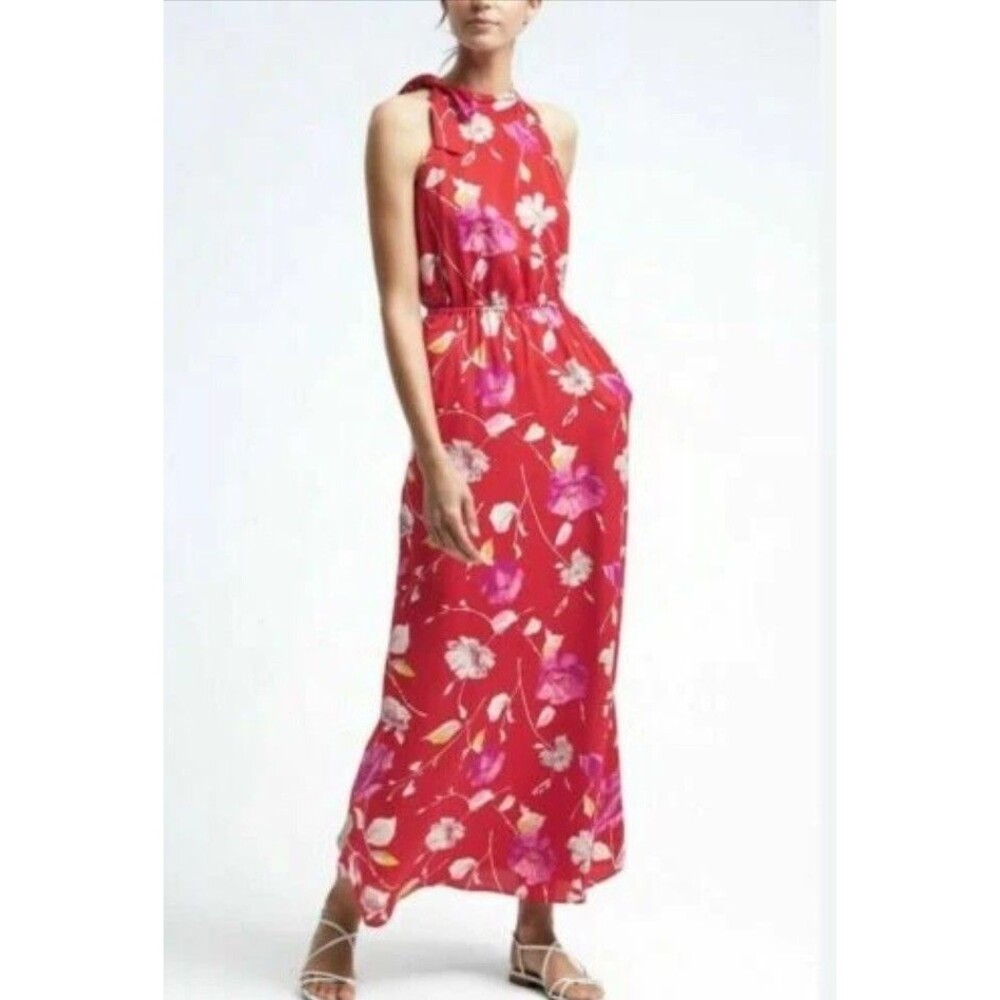 new Banana Republic XS small Red Floral Halter Tie-Neck Maxi Dress Boho - Picture 3 of 13
